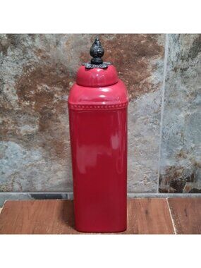 Red Ceramic Kitchen Canister Metal Lily Floral Finial 12 Inch Tall